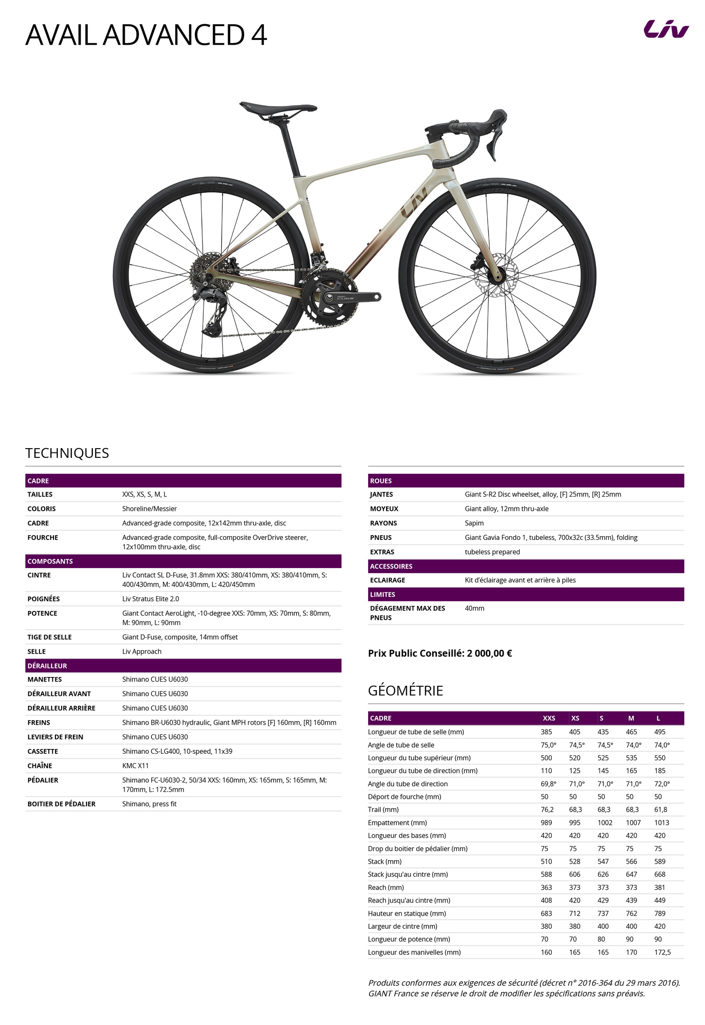 Fiche technique du velo Avail Advanced 4 année 2027